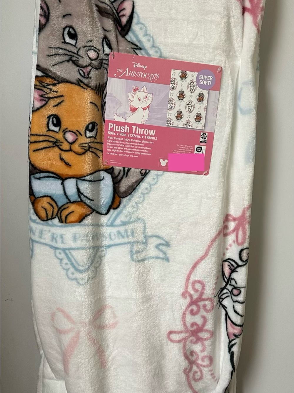 Disney Aristocrats- Marie-Toulouse- BerliozPink & White Plush Throw Blanket